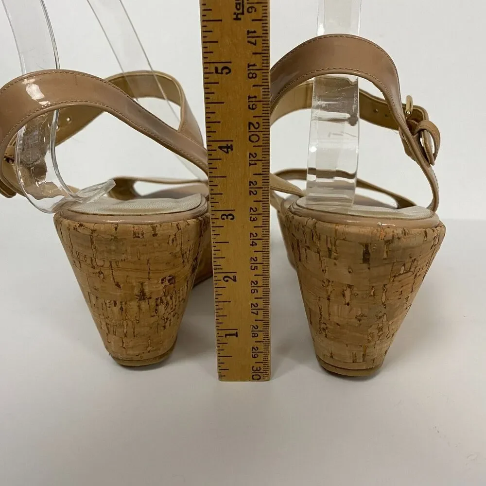 Stuart Weitzman Sandals Womens 10 Beige Cork Platform Wedge Slingback Patent - Picture 5 of 11